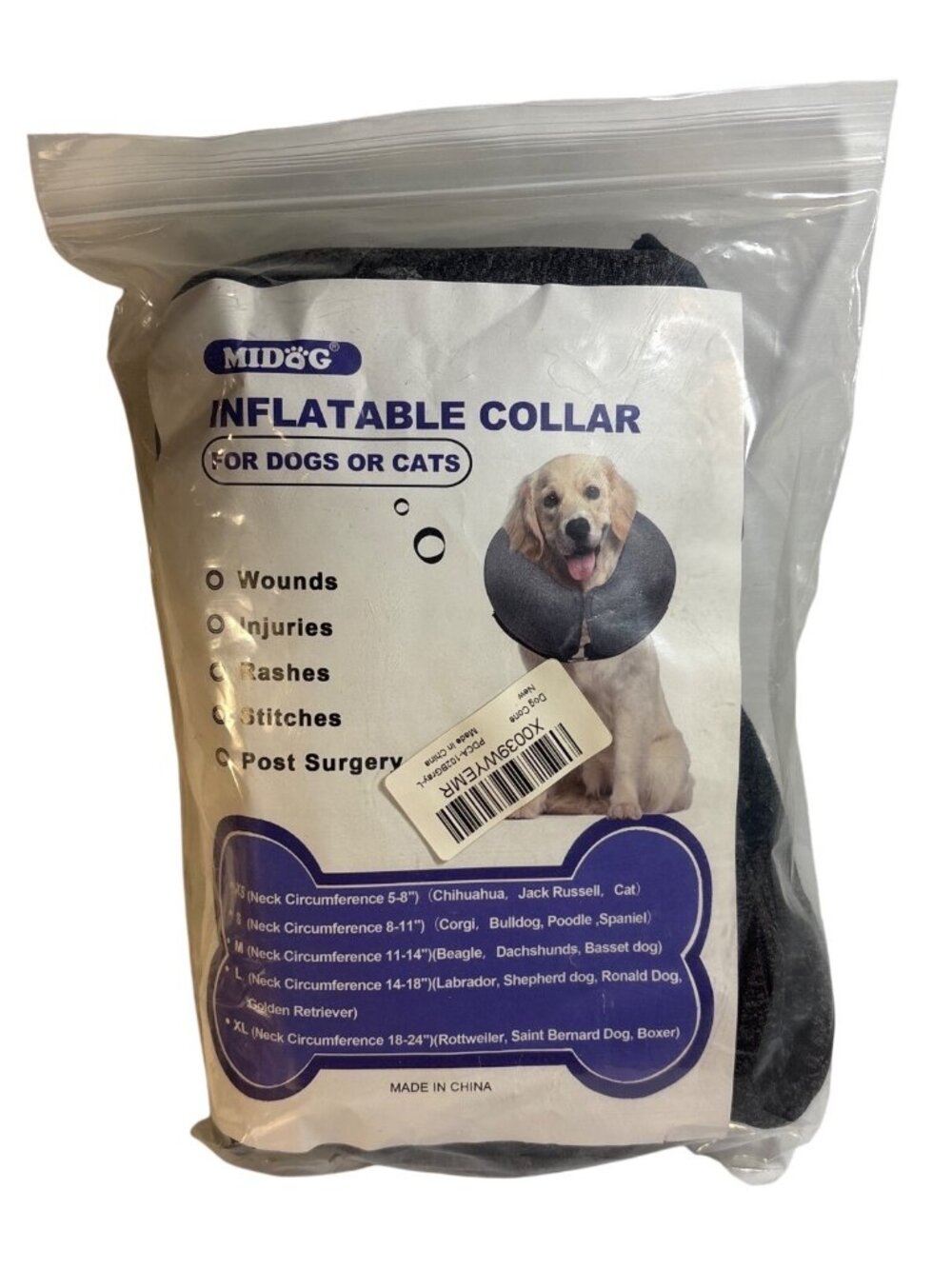 Inflatable Recovery Collar Cone For Dogs Large Size Adjustable Soft Gray Midog